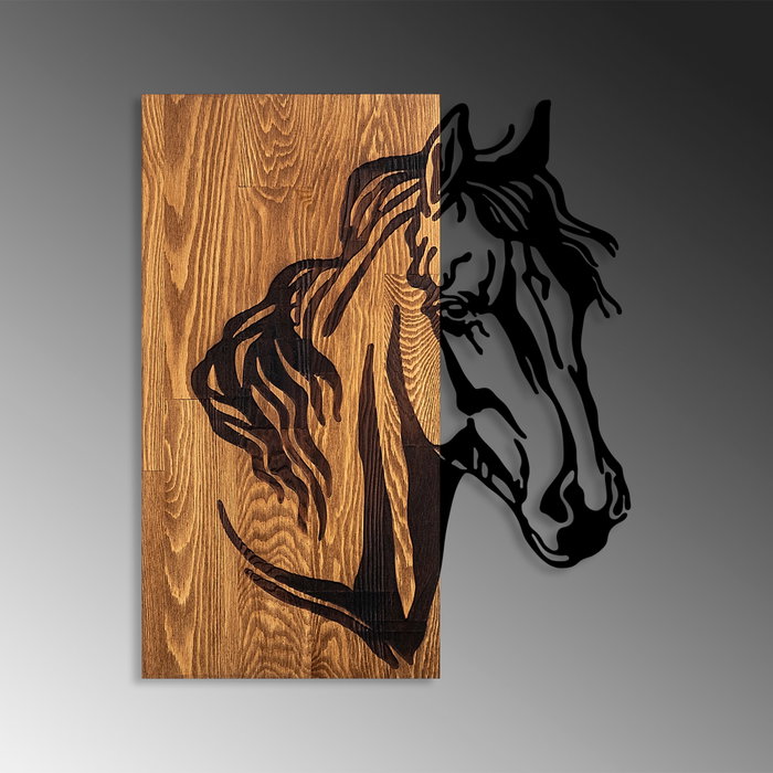 Wallity Horse 1 - Escultura de pared de madera y metal en nogal y negro